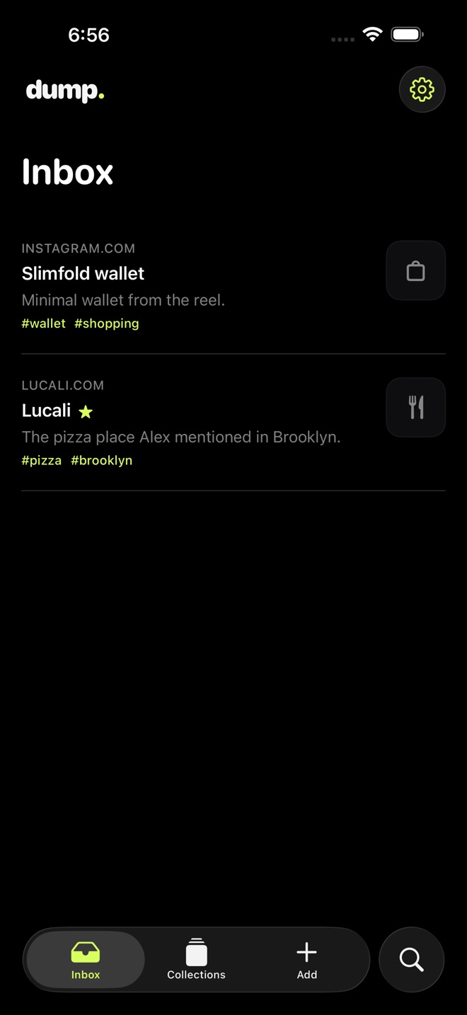 Dump inbox with saved links and notes