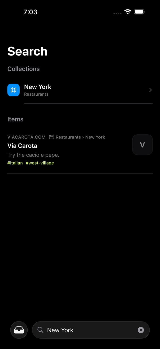Dump search showing a saved restaurant inside a collection