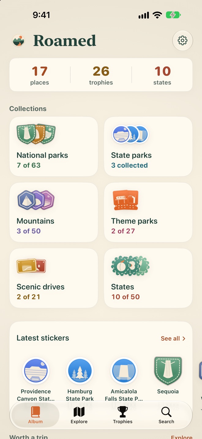 Roamed album showing collections of national parks, state parks, mountains and more