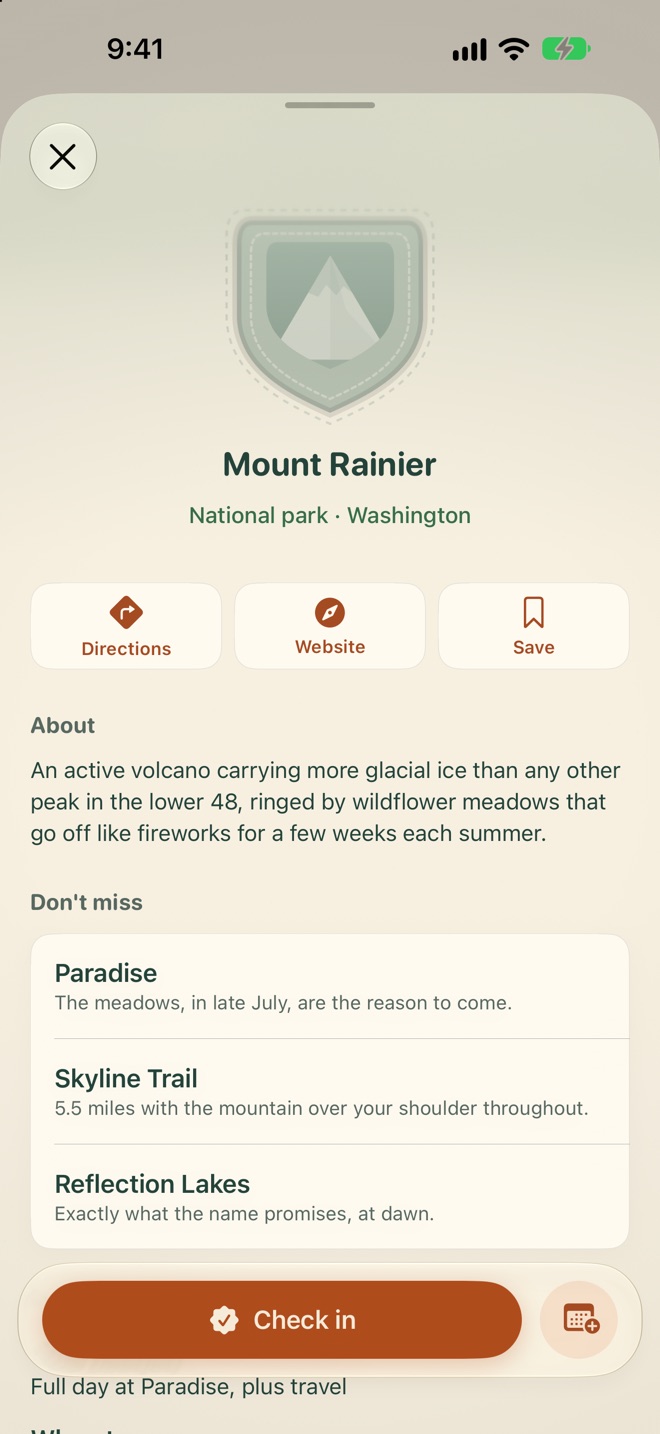 Roamed place page for Mount Rainier with a Check in button